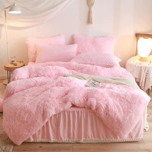 Fluffy White Duvet Cover Set for Twin Bed, 2 Pieces (1 Faux Fur Duvet Cover + 1 Plush Pillow Cases)