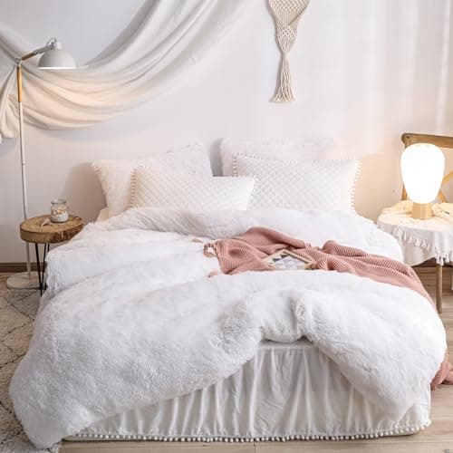 Fluffy White Duvet Cover Set for Twin Bed, 2 Pieces (1 Faux Fur Duvet Cover + 1 Plush Pillow Cases)