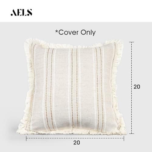 Set of 2 Farmhouse Linen Throw Pillow Covers with Fringe, Boho Textured, Beige with White & Brown Stitch Yarn Dyed Stripe - Cover ONLY