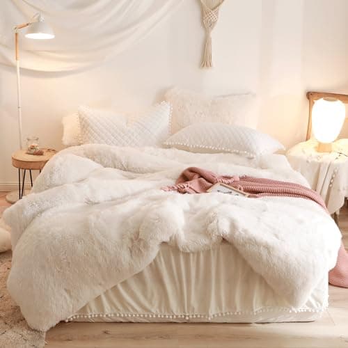 Fluffy White Duvet Cover Set for Twin Bed, 2 Pieces (1 Faux Fur Duvet Cover + 1 Plush Pillow Cases)