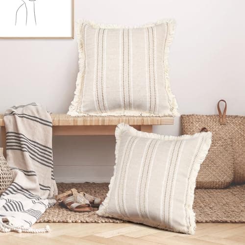 Set of 2 Farmhouse Linen Throw Pillow Covers with Fringe, Boho Textured, Beige with White & Brown Stitch Yarn Dyed Stripe - Cover ONLY