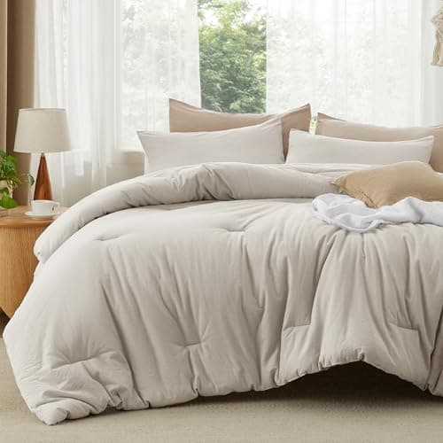 Queen Size Linen Color Comforter Set - Cotton Fabric with Microfiber Fill, 3 Pieces
