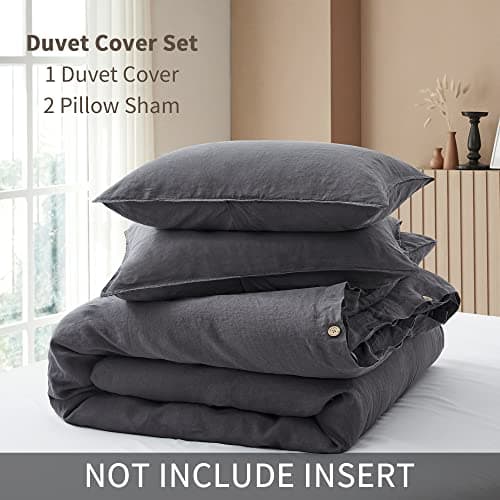 French Flax Linen Duvet Cover Set - Farmhouse Comforter Set (1 Duvet Cover and 2 Pillow Shams) Queen Size Dark Grey