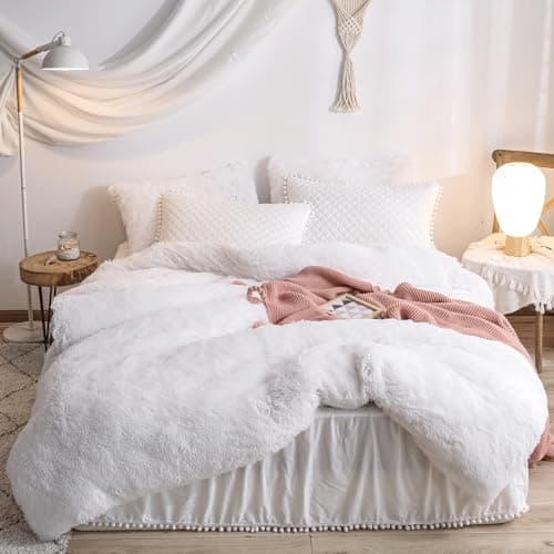 Fluffy White Duvet Cover Set for Twin Bed, 2 Pieces (1 Faux Fur Duvet Cover + 1 Plush Pillow Cases)