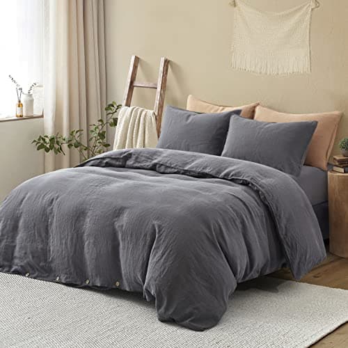 French Flax Linen Duvet Cover Set - Farmhouse Comforter Set (1 Duvet Cover and 2 Pillow Shams) Queen Size Dark Grey