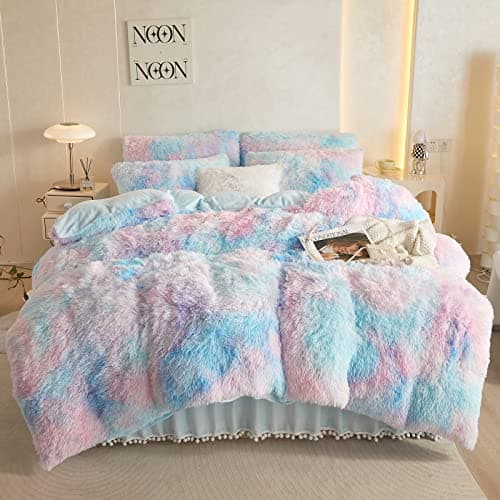 Fluffy White Duvet Cover Set for Twin Bed, 2 Pieces (1 Faux Fur Duvet Cover + 1 Plush Pillow Cases)