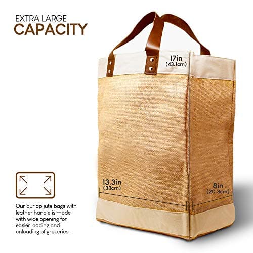 Jute French Market Tote Grocery Bag with Faux Leather Handles