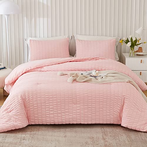 Beige Seersucker Queen Comforter Set - 3 Pieces, 100% Washed Microfiber, Lightweight Comforter with 2 Pillowcases