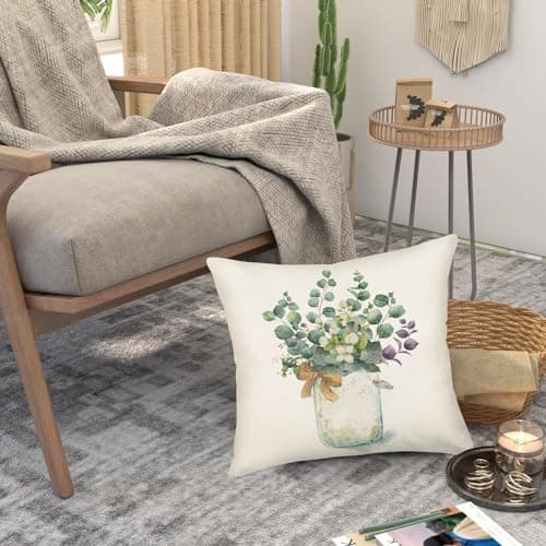 Set of 2 Eucalyptus Pillow Covers 22x22 Inch - Farmhouse Decorations