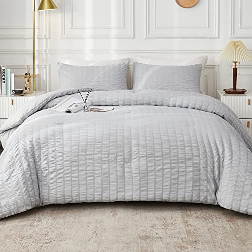 Beige Seersucker Queen Comforter Set - 3 Pieces, 100% Washed Microfiber, Lightweight Comforter with 2 Pillowcases