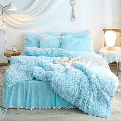 Fluffy White Duvet Cover Set for Twin Bed, 2 Pieces (1 Faux Fur Duvet Cover + 1 Plush Pillow Cases)