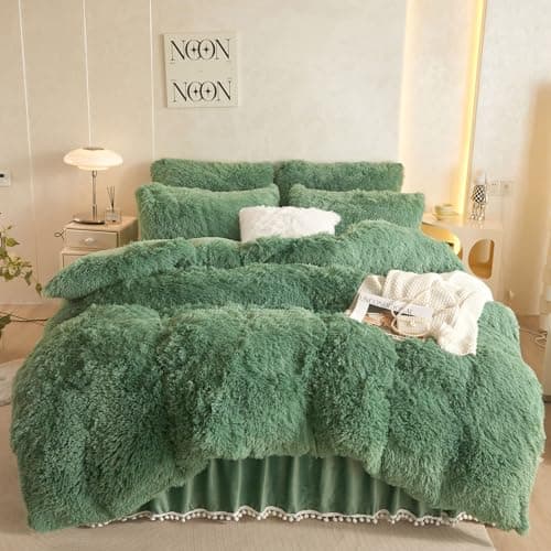 Fluffy White Duvet Cover Set for Twin Bed, 2 Pieces (1 Faux Fur Duvet Cover + 1 Plush Pillow Cases)