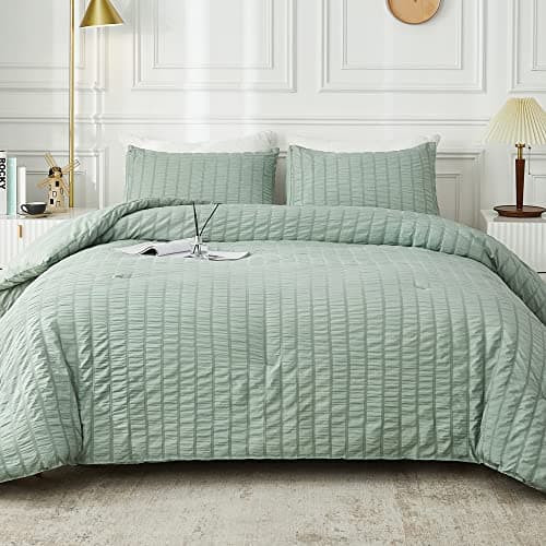 Beige Seersucker Queen Comforter Set - 3 Pieces, 100% Washed Microfiber, Lightweight Comforter with 2 Pillowcases