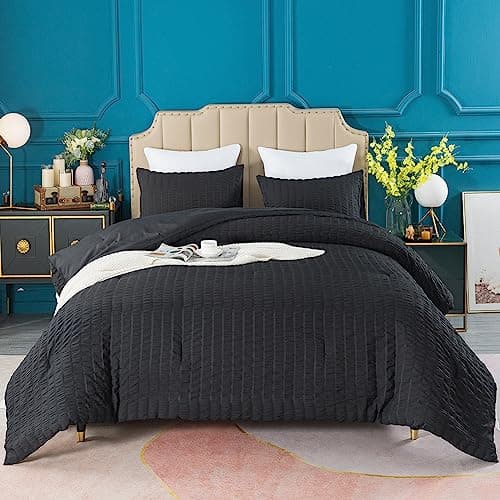 Beige Seersucker Queen Comforter Set - 3 Pieces, 100% Washed Microfiber, Lightweight Comforter with 2 Pillowcases