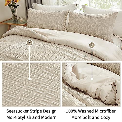 Beige Seersucker Queen Comforter Set - 3 Pieces, 100% Washed Microfiber, Lightweight Comforter with 2 Pillowcases