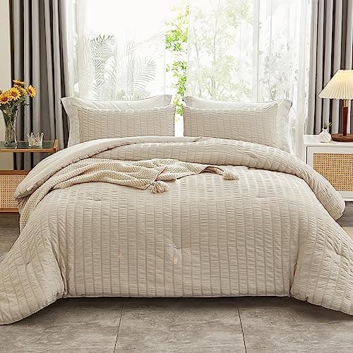 Beige Seersucker Queen Comforter Set - 3 Pieces, 100% Washed Microfiber, Lightweight Comforter with 2 Pillowcases