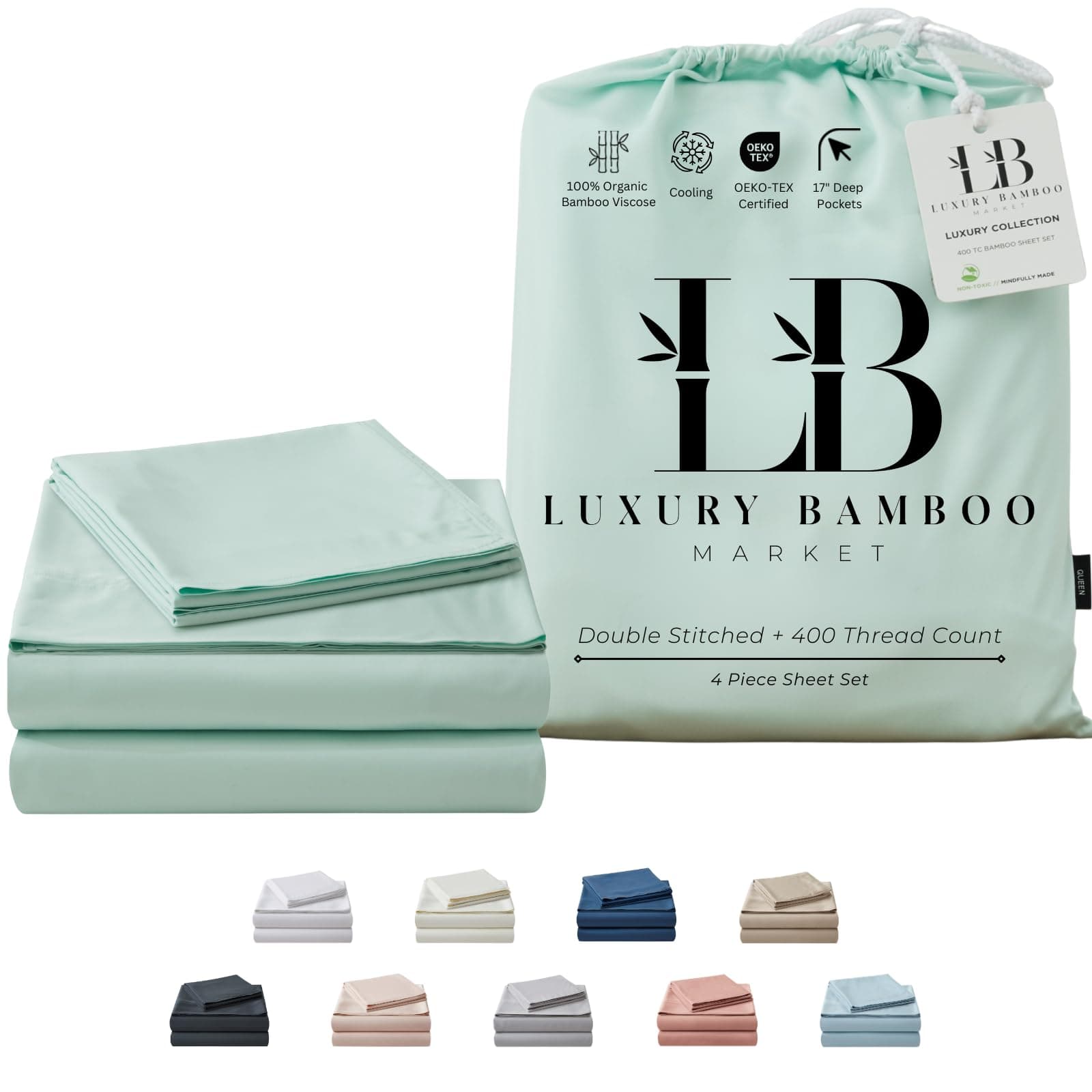 Coastal Green 17" Deep Pocket 100% Bamboo Bed Sheets | Ultra Soft & Cooling