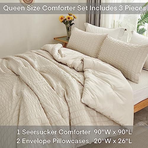 Beige Seersucker Queen Comforter Set - 3 Pieces, 100% Washed Microfiber, Lightweight Comforter with 2 Pillowcases