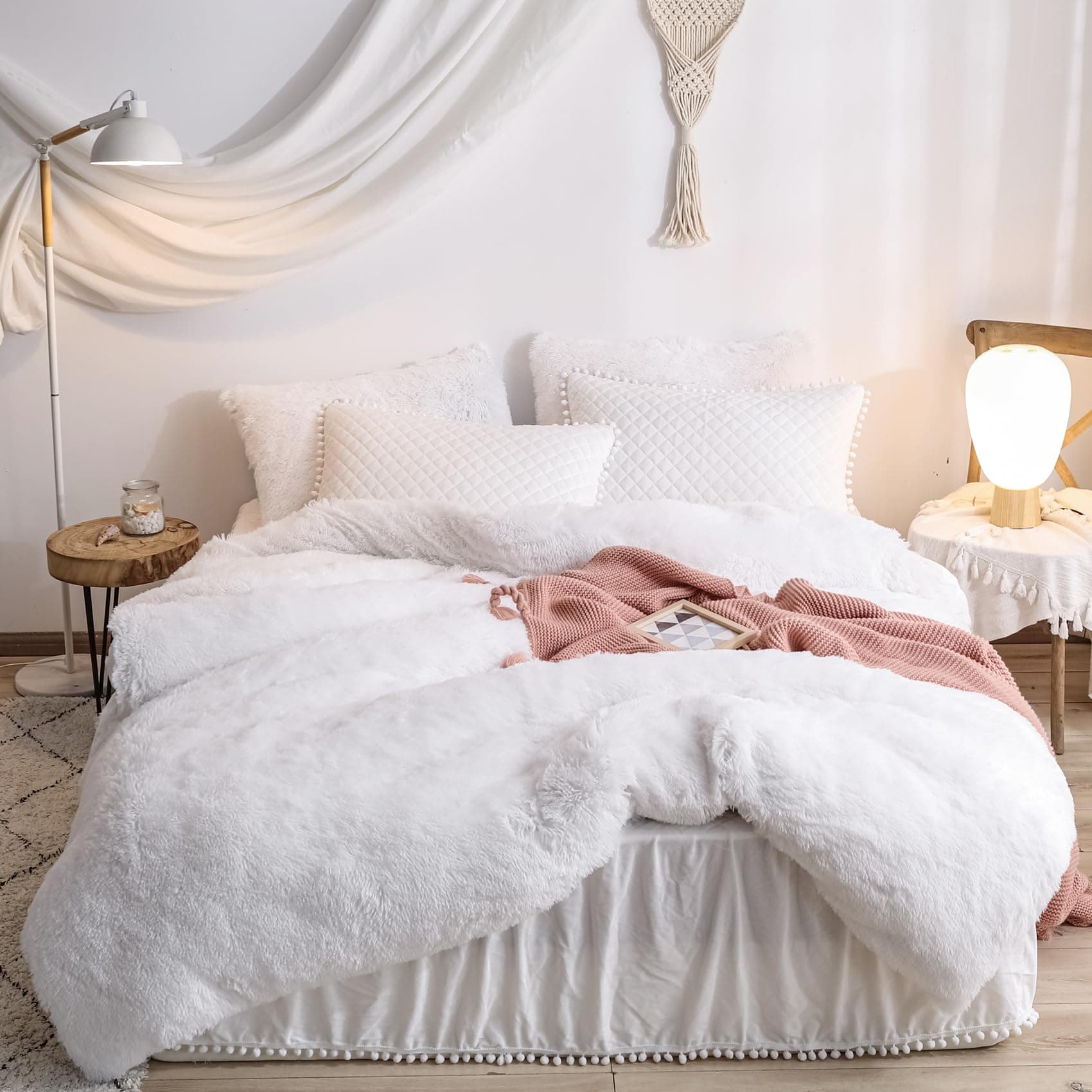Fluffy White Duvet Cover Set for Twin Bed, 2 Pieces (1 Faux Fur Duvet Cover + 1 Plush Pillow Cases)