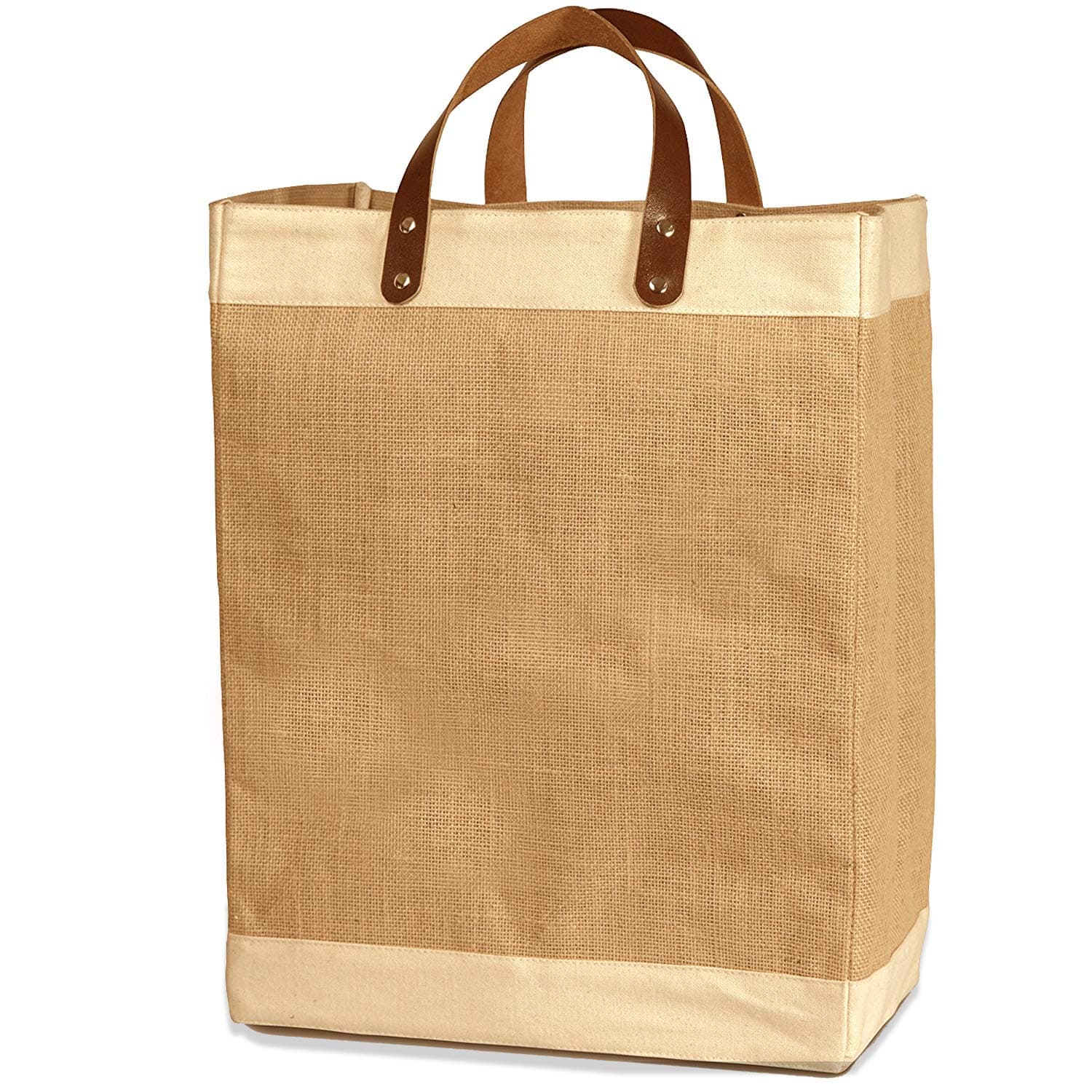 Jute French Market Tote Grocery Bag with Faux Leather Handles