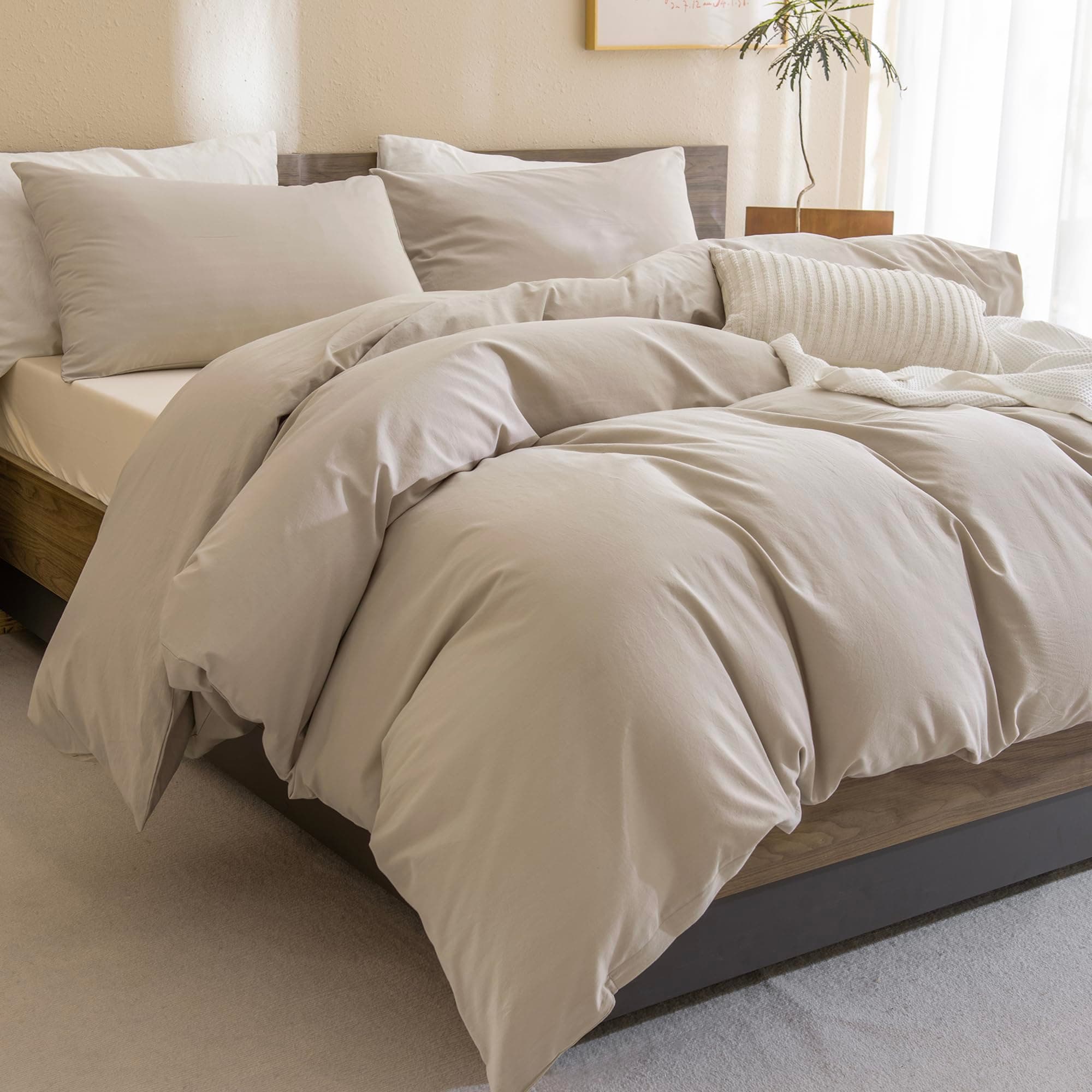 Cotton Comforter Set Queen, Linen Like Textured Bedding for Queen Size Bed 3 Pieces